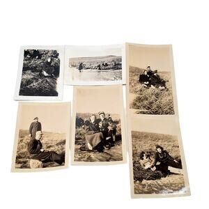 1940s B&W Photo Friends Hanging Out by Frozen Lake Pond Bridge Snapshot Sitting